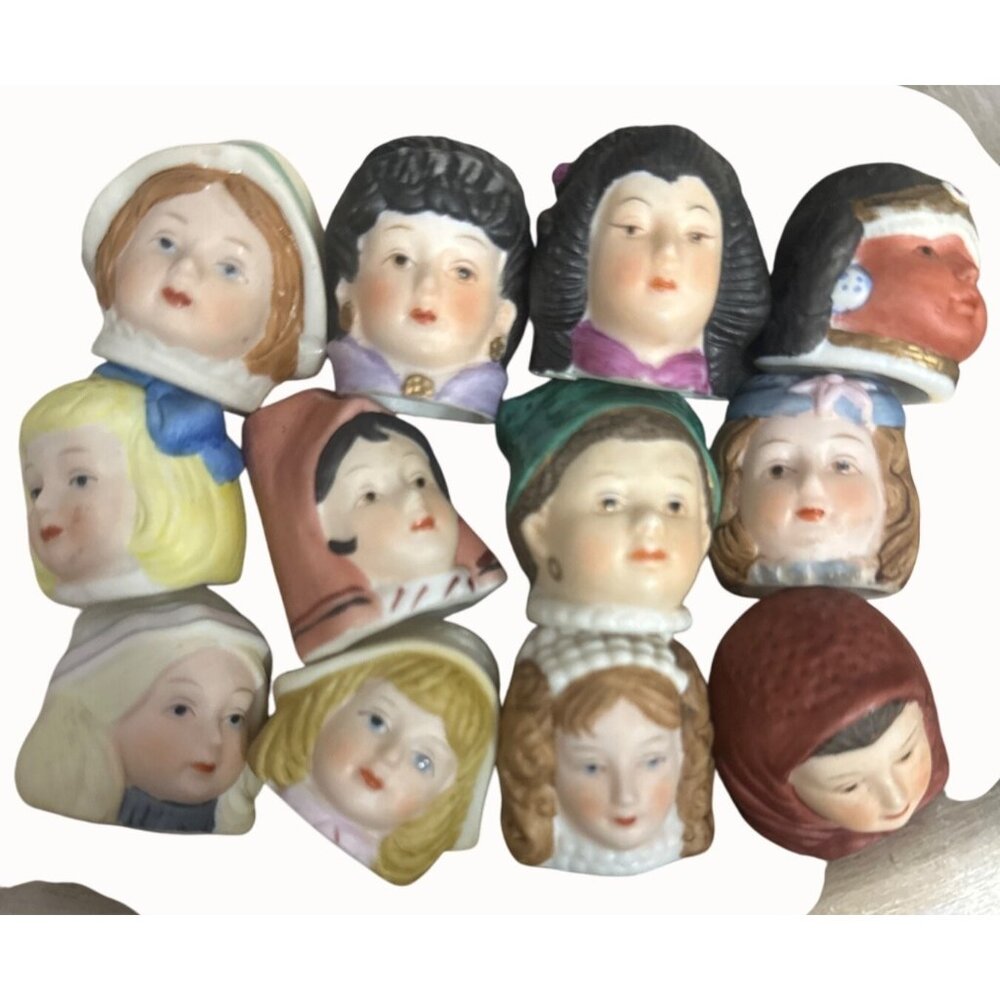 Set‎ Of 12 Calhoun dolls of the world Vintage Ceramic Head thimbles